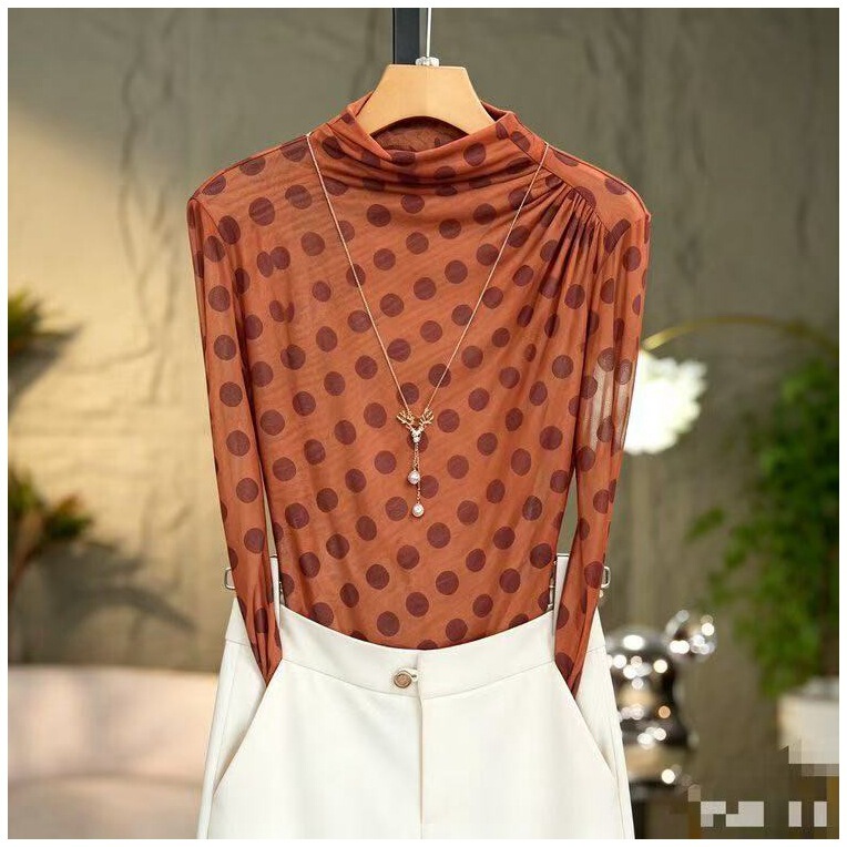 Women's half-high collar polka dot t-shirt top, new spring and autumn style, elegant, slimming, conceals belly, elastic mesh base shirt