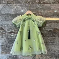 Летнее платье Cheongsam для девочек, новинка 2022 года, детская юбка династии Хань с короткими рукавами в китайском стиле с цветочным принтом, детский стиль