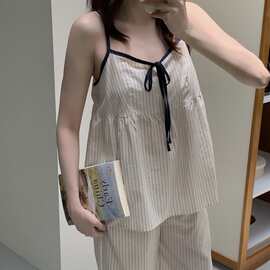 韩国ins女士夏季新品韩系小清新条纹吊带家居服睡衣套装可外穿女