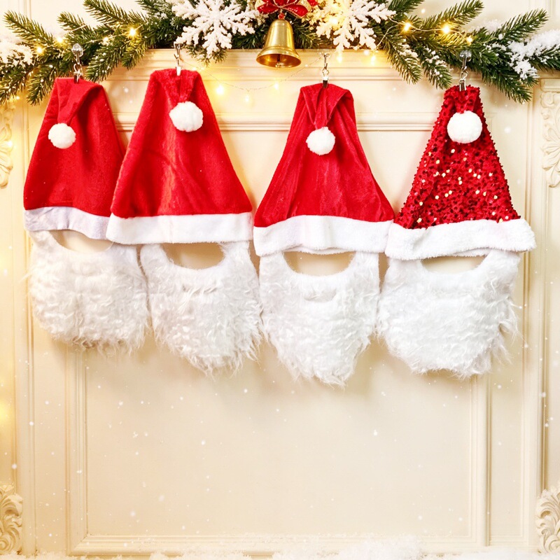 New cross-border plush bearded Christmas hat, Santa Claus party holiday supplies, cute beards for adults and children
