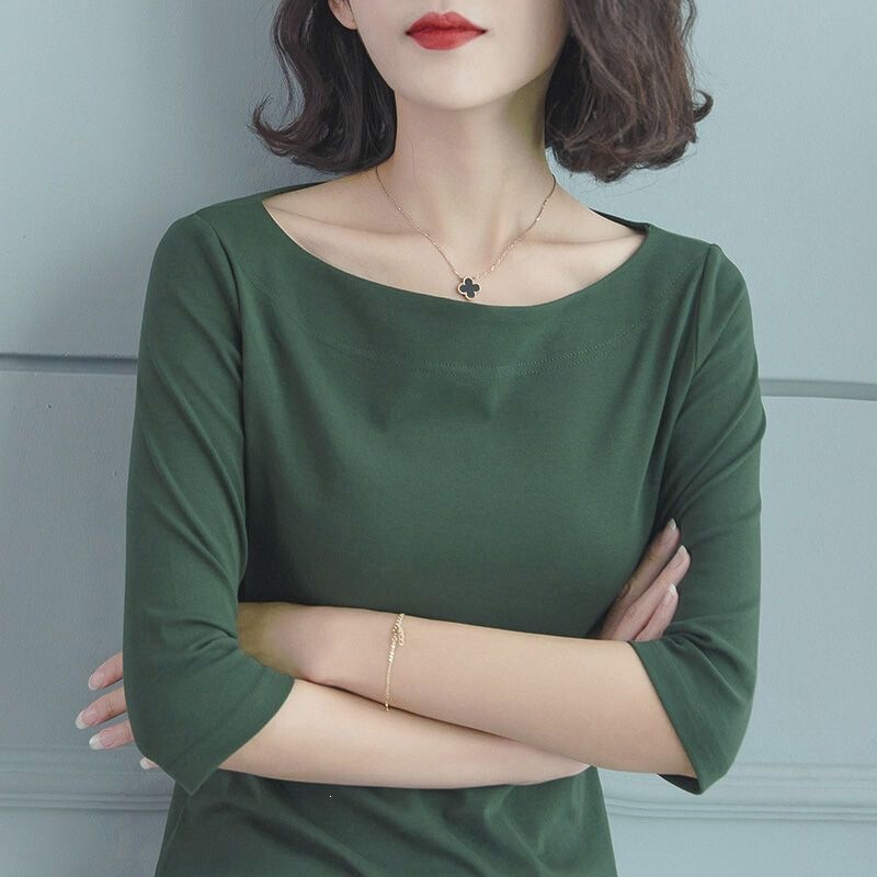 2026 New Spring/Summer/Autumn Off-Shoulder Mid-Sleeve Top, Off-Shoulder T-Shirt for Women, Slim Fit, Slimming Effect, Five-Quarter Sleeve Base Shirt