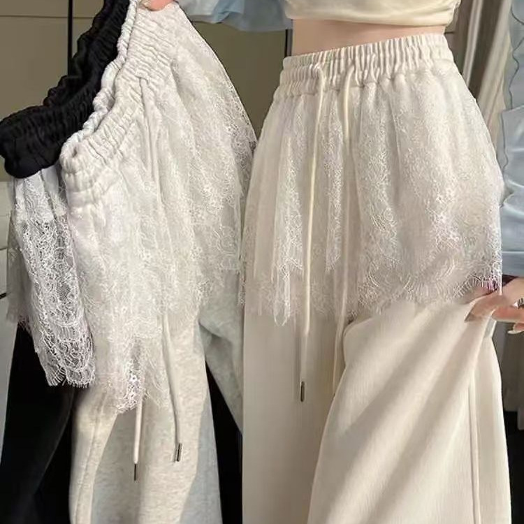 跨境热销芭蕾风蕾丝拼接阔腿裤女春夏新款高腰抽绳直筒休闲运动卫