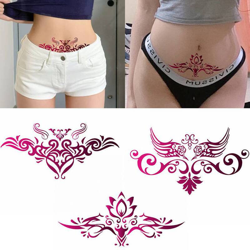 Women's waist tattoo sticker, burgundy gradient vine lotus wings temporary sticker