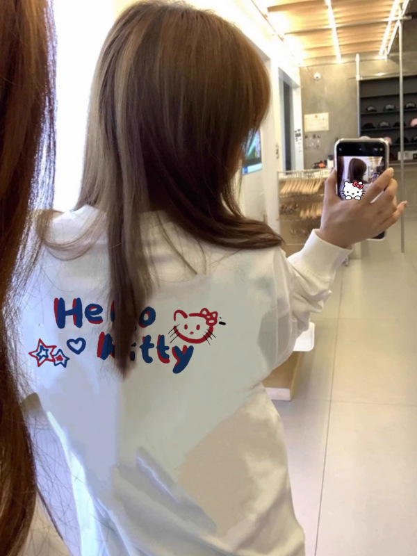 白色长袖t恤女 秋新款双面kitty猫印花遮肉显瘦减龄纯棉束口上衣|undefined