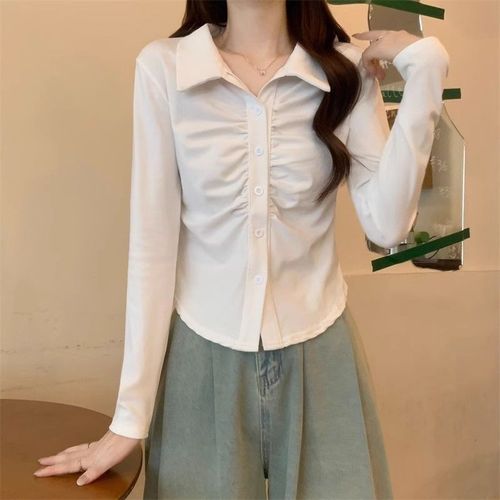 Pure Desire Windy Sensual Pleated 2025 Unique Design Slimming Versatile Waist-Tightening Long-Sleeve Women's Shirt Top