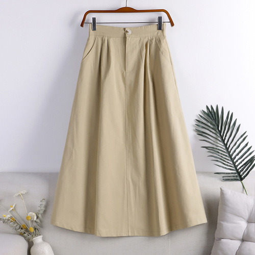 2021 new autumn solid color large swing literary Hong Kong style button pocket a-line skirt mid-length skirt for women