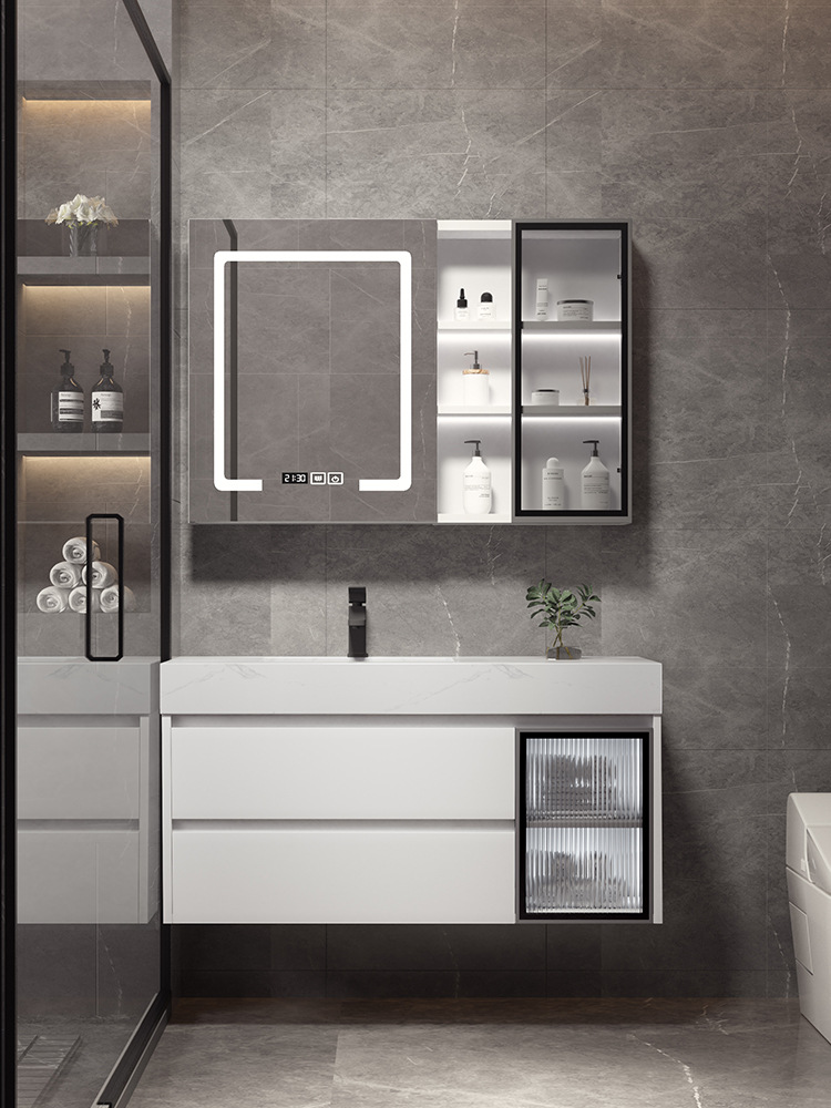 Shiqi Placa de roca gabinete de baño combinación de luz de lujo moderno simple baño mesa de lavado lavabo gabinete