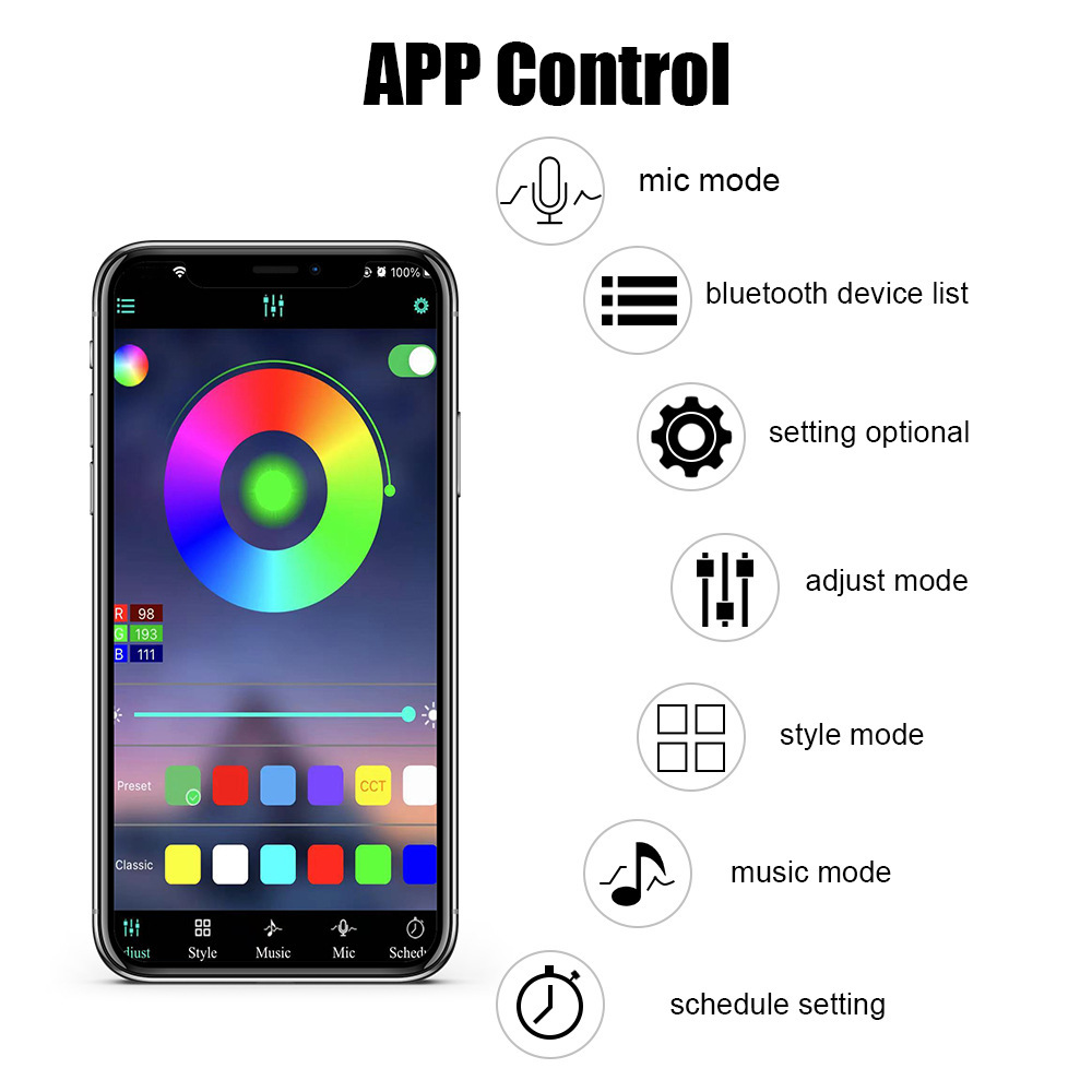 Car led atmosphere light colorful cold light meter decorative light mobile phone app one drag five car voice control atmosphere light