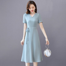 雪紡連衣裙女夏季2023年新款修身收腰顯瘦溫柔氣質夏天藍色長裙子
