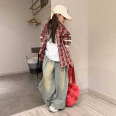女童套装春秋新款儿童秋季洋气格子外套衬衫上衣女孩复古牛仔裤潮
