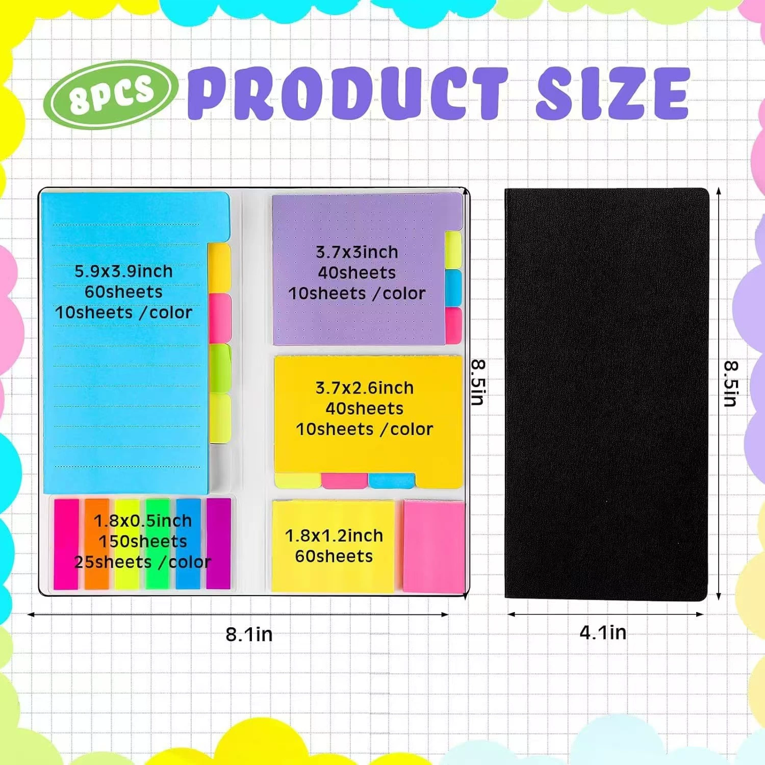 Sticky Note Notebook, Fluorescent Multi-Color, Universal 21×10 cm, Strong Adhesive
