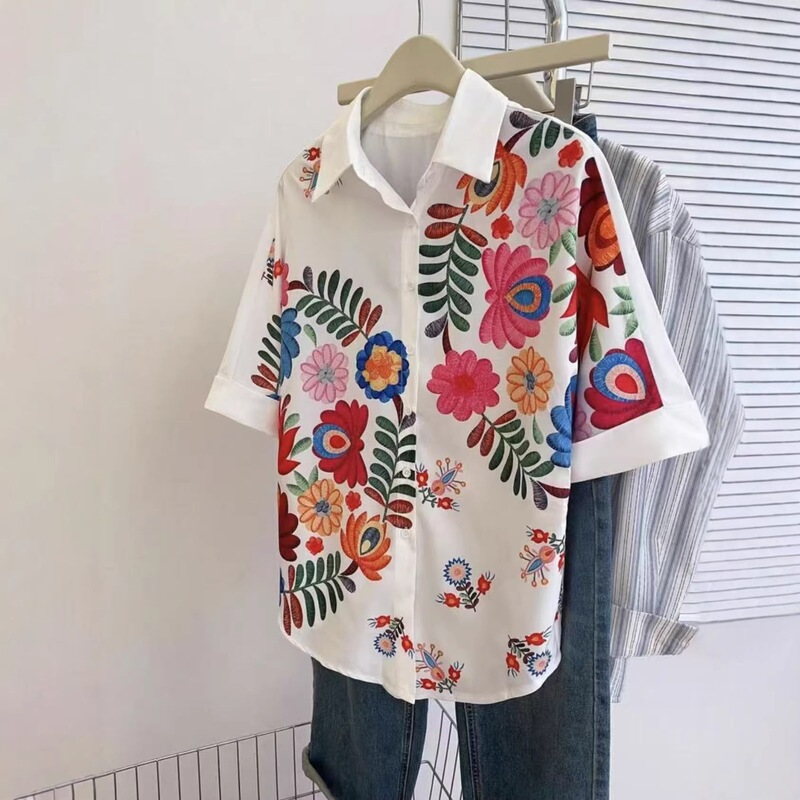Cross-Border Exclusive Supply of Loose Casual Printed Short-Sleeved Shirts for Summer, Amazon Tiktok Hot-Selling European and American Style Women's Clothing Cross-Border Exclusive Supply of Loose Casual Printed Short-Sleeved Shirts for Summer, Amazon Tiktok Hot-Selling European and American Style Women's Clothing