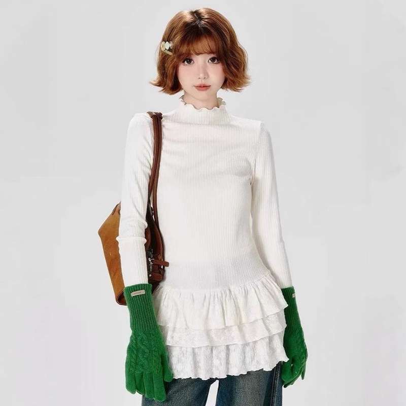 Derong Half Turtleneck Long-Sleeved T-Shirt for Women Autumn and Winter 2025 New Multi-Layered Lace Layered Slim Inner Layering Shirt Trendy