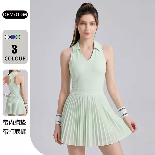 26 New Style Sports Dress for Women with Chest Pads, Quick-Drying Polo Collar, Pleated Racerback Tennis and Golf Skirt