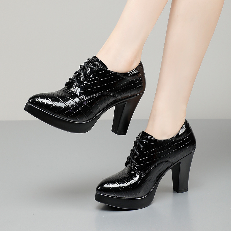 2024 Spring and Autumn New High Heels Women's Floral Leather Patent Leather Strap Small Leather Shoes Pointed Toe Thick Heel Professional Shoes Plus Velvet