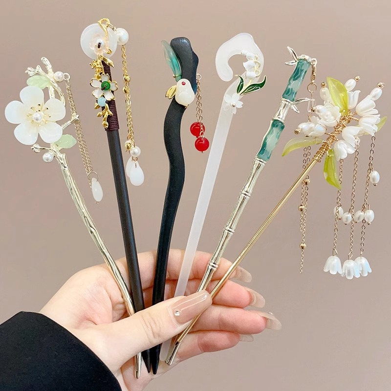 Horquilla de flores con flecos de estilo antiguo, temperamento femenino de alto nivel, escalón, horquilla de Hanfu, horquilla de cabello en la parte posterior de la cabeza, tocado de horquilla