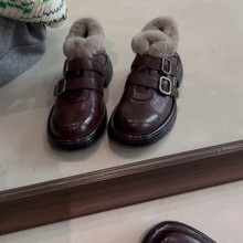 羊皮版~英伦风皮带扣厚底毛毛鞋女百搭圆头复古保暖冬季新款皮鞋