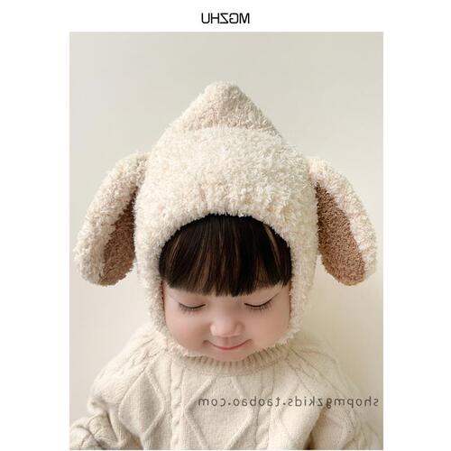 Baby hat autumn and winter plus velvet ear protection hat for toddlers thickened and warm cute bunny ears knitted hat for male and female babies