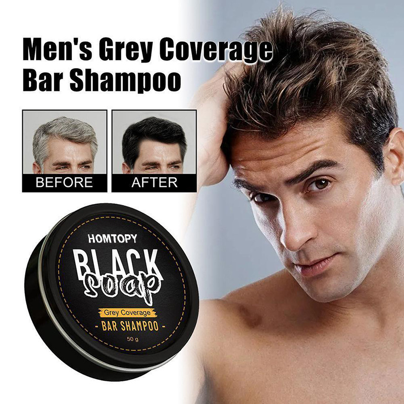 men’s grey coverage bar shampoo for dark hair 50g in a sleek black circular container by homtopy designed for men’s grey hair coverage.