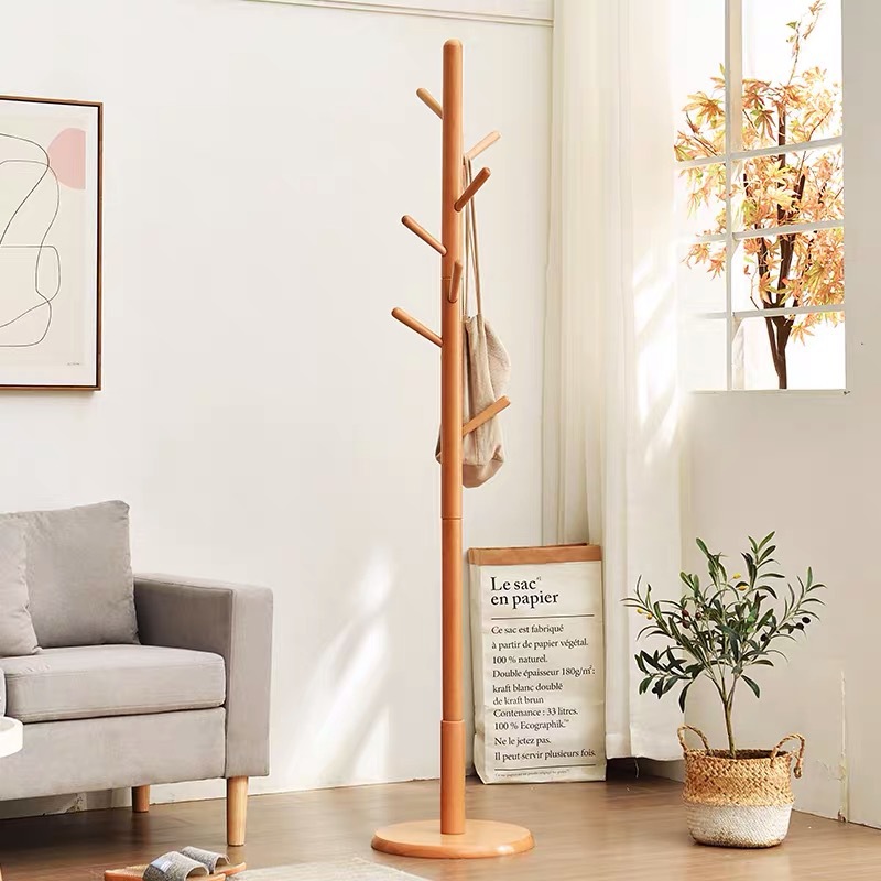 Floor-standing Beechwood Simple Coat Rack Home Living Room Wooden Coat Rack Nordic Style Portable Solid Wood Clothes Rack 