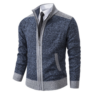 6613P37 autumn and winter men's cardigan sweater coat zipper stand collar knitted fleece-lined casual thickened