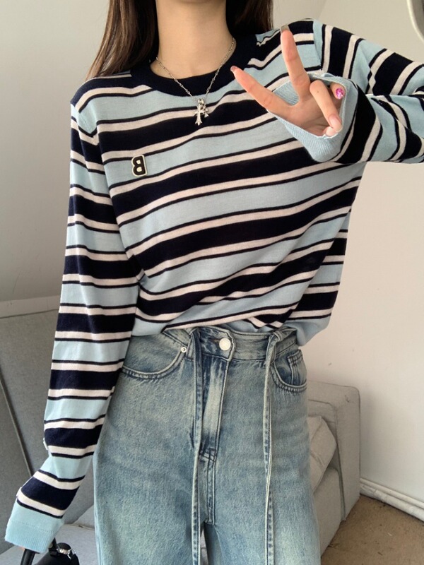 宽松休闲撞色条纹长袖t恤女早秋季内搭打底衫韩版气质针织衫上衣|undefined