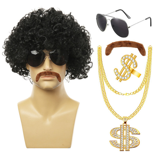 European and American men's rock hair Halloween disco hippie 80s punk big dollar necklace black curly wig
