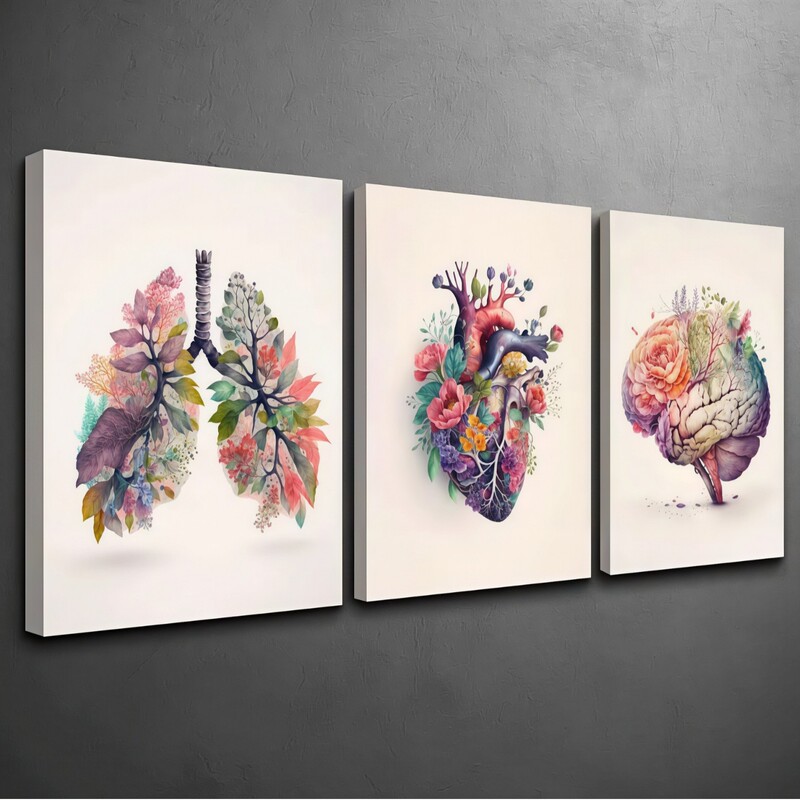 Abstract Art Triptych Illustrating the Anatomy of Heart, Brain, Lung, Flowers, Watercolor Prints for Home Decoration Abstract Art Triptych Illustrating the Anatomy of Heart, Brain, Lung, Flowers, Watercolor Prints for Home Decoration