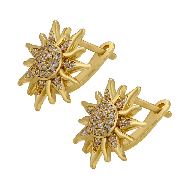 simple zircon sunflower copper 18K gold plated ear buckle earrings