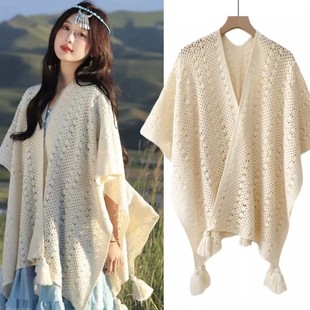 Knitted Outer Tassel Cardigan for Women, Retro Ethnic Holiday Style Thin Spring & Fall Shawl with Skirt and Lace Blouse