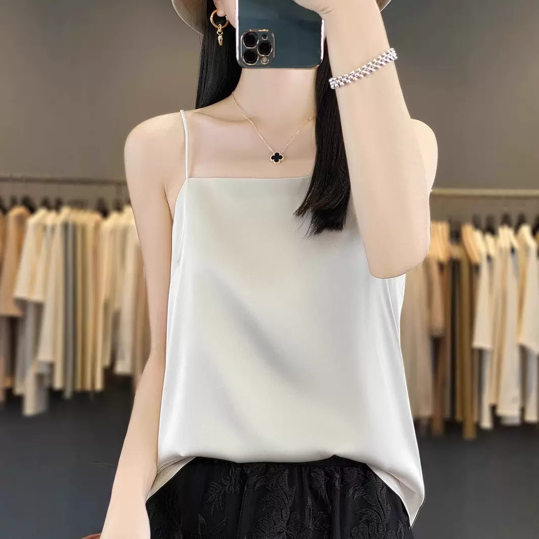 一字领醋酸缎面女内搭吊带背心夏季新款美背无袖显瘦打底西装上衣