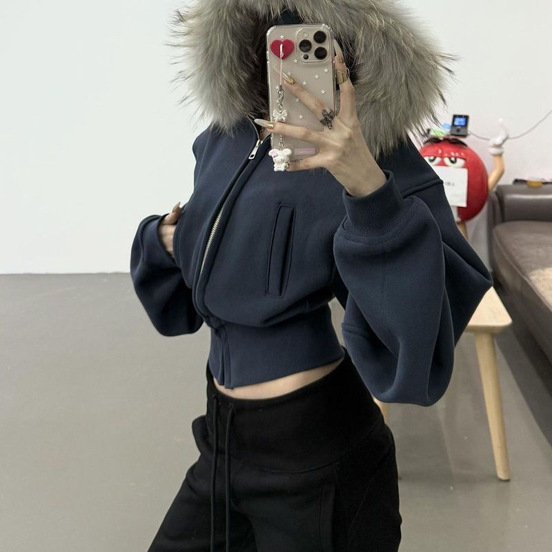 藏蓝毛领短款拉链连帽卫衣秋冬季设计感衣开衫外套女|undefined