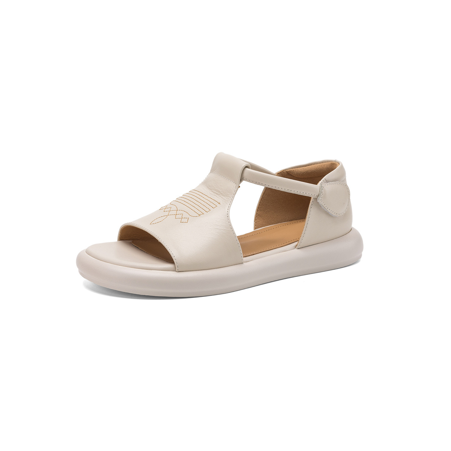 Sandal nữ đế dày hở mũi da bò thêu hoa — màu trắng ngà