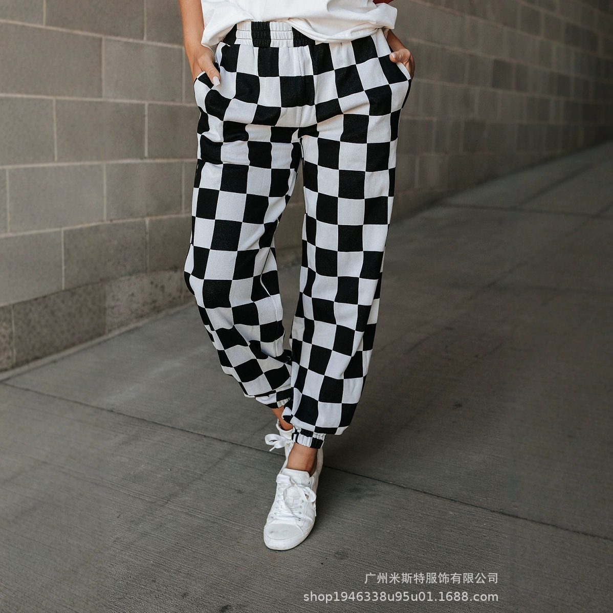 European and American Casual Women's Trousers, Simple Two-Color Plaid Printed Pocket Leggings Trousers