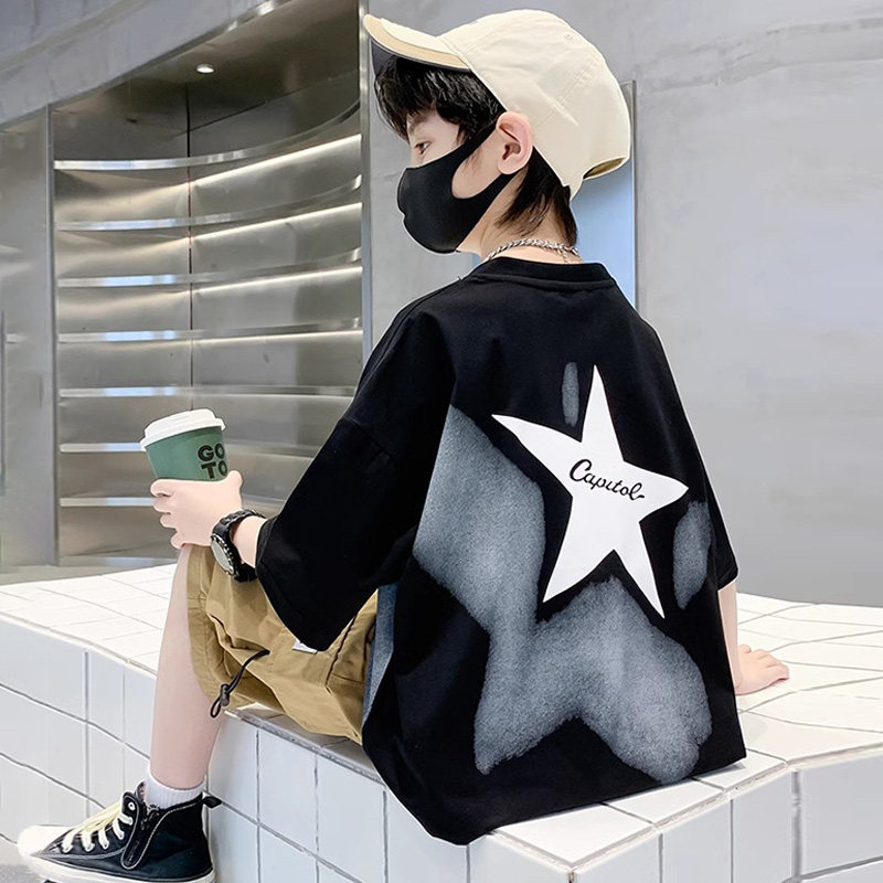 Boys' pure cotton children's T-shirt, short-sleeved, new Korean style, summer fashionable star print, toddler's short-sleeved top, trendy T-shirt