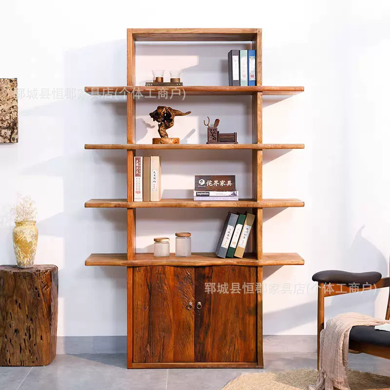 老榆木实木书架侘寂风多层实木板置物架复古落地开放式收纳柜