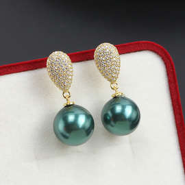 S925纯银 水滴形密镶锆石珍珠耳钉耳饰空托DIY配饰配件气质精致女