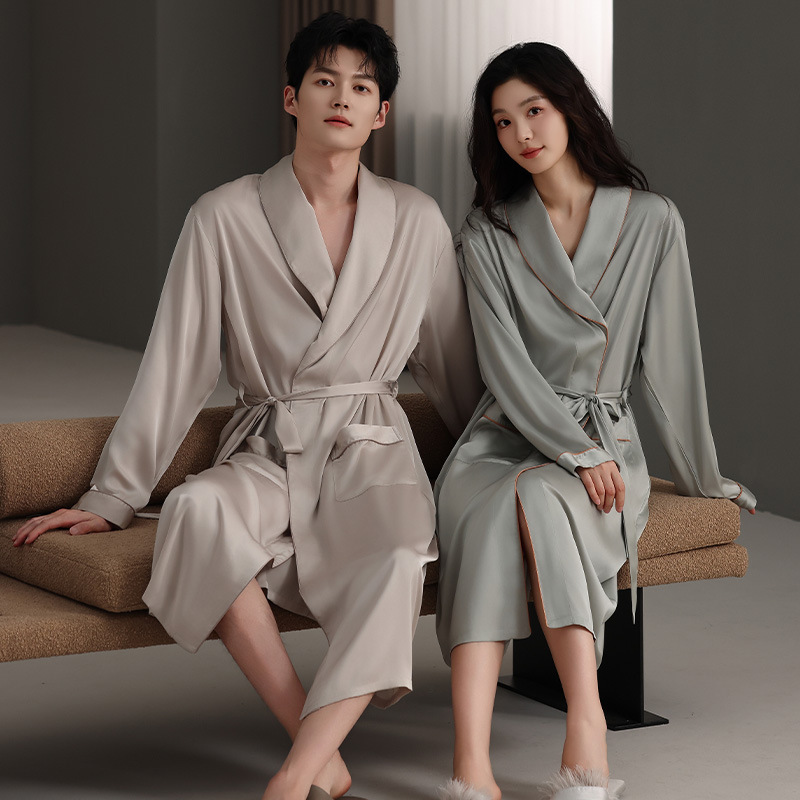 Couple's Nightgown Men's Spring and Summer Ice Silk Thin Long-Sleeved Solid Color Pajamas Women's Sexy Lace-Up High-End Bathrobe Couple's Nightgown Men's Spring and Summer Ice Silk Thin Long-Sleeved Solid Color Pajamas Women's Sexy Lace-Up High-End Bathrobe