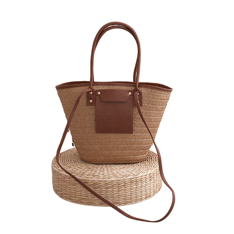 Handmade Rattan Shoulder Bag With Leather Trim Eco-friendly Basket_voghion.com