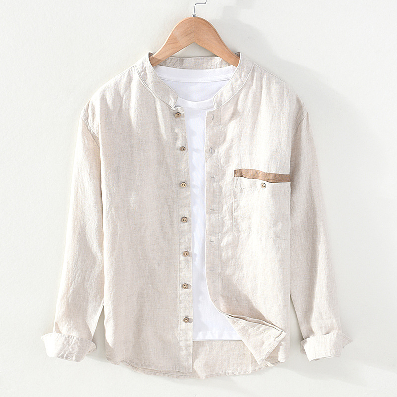 New Chinese style shirt for men, Chinese style stand up collar linen long sleeved loose casual wooden button shirt_voghion.com