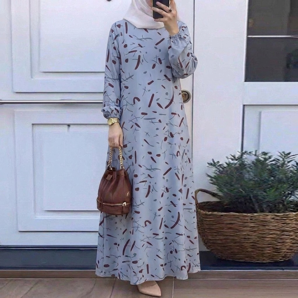 In Stock Cross-Border New Printed Middle Eastern Muslim Malay Full Sleeve Round Neck Robe Long Dress Factory Wholesale_ecoleips.com