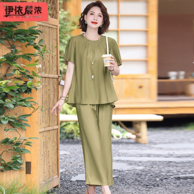 Летняя новая мама с короткими рукавами Tian шелка для покрытия живота 50-летняя женщина среднего и пожилого возраста свободная дышащая футболка большого размера