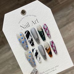 [European & American Style] Original Black Wu Chang Subculture Flame Hand-Painted Black & White Cool European & American-Style Handmade Wearable Nail Art