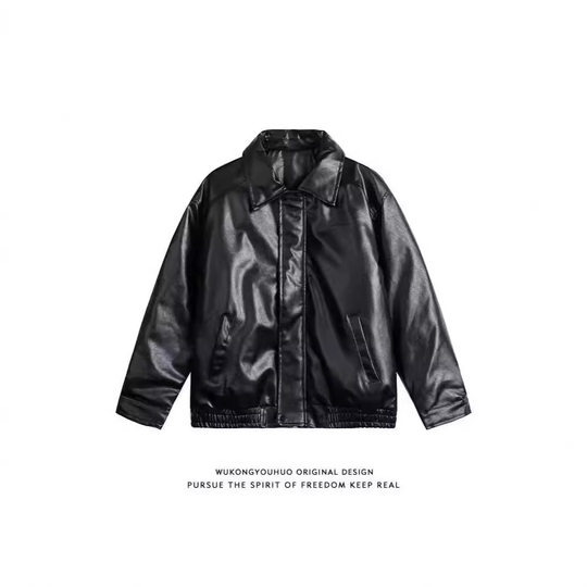 Wukong Trendy Brand Solid Color Motorcycle Jacket for Men and Women American Street Loose All-match PU Leather Maillard Jacket