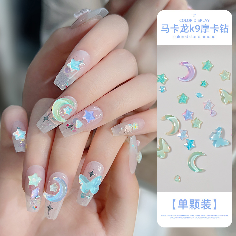 Manicura tamaño pequeño Mocha Luna Estrella Mariposa plana Internet celebridad joyería Aurora colorido estrella de cinco puntas joyería al por mayor