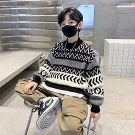 男童毛衣条纹格子儿童针织衫2026年新款秋冬套头加厚宝宝冬季童装