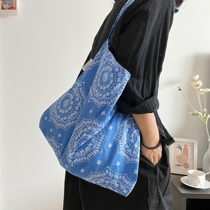 Korean Style Ins Vintage Blue Cashew Flower Cotton Bag Zheng Su-min Same Style All-match Floral Bag Shoulder Crossbody Bag