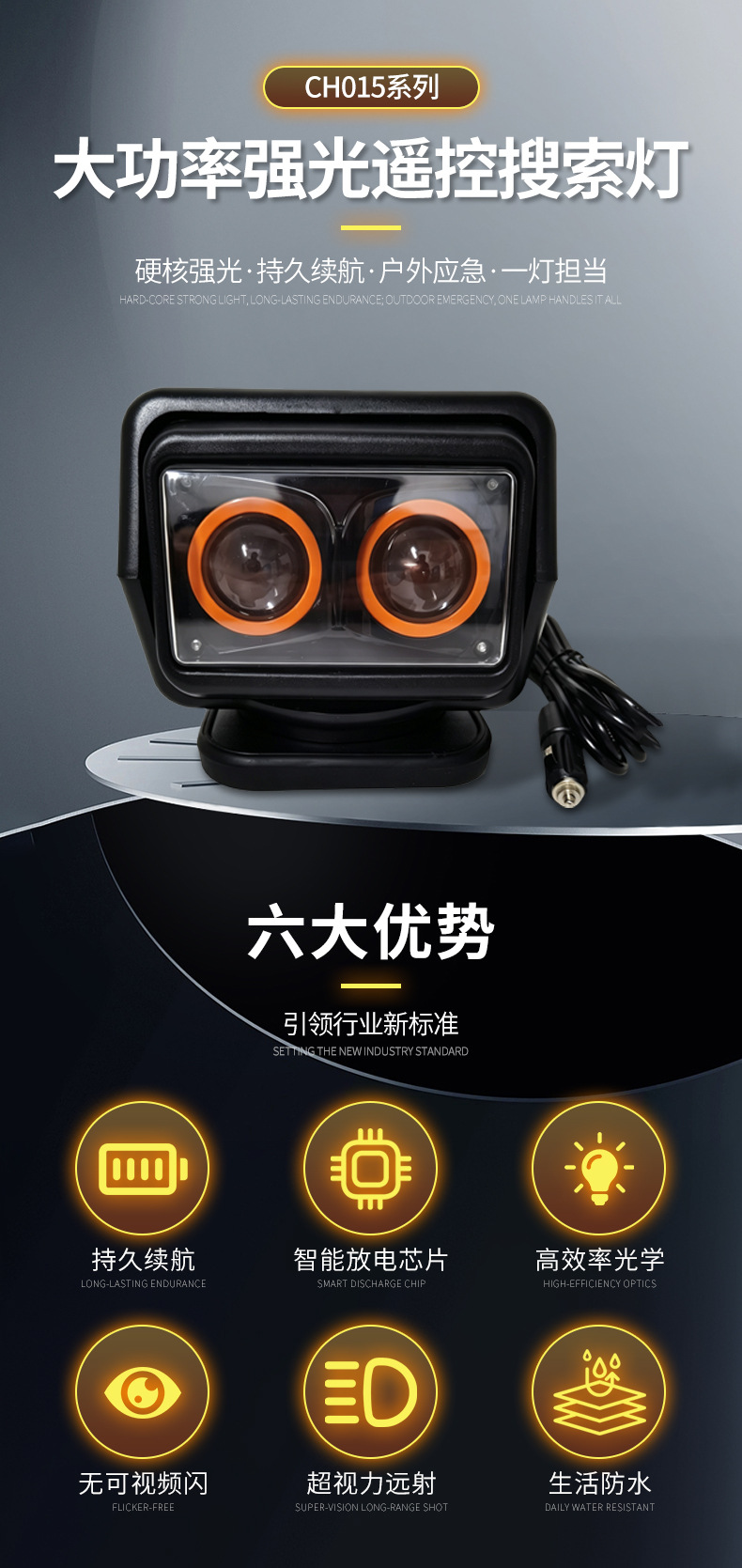 Outdoor auxiliary spotlight, vehicle-mounted LED searchlight, remote high-power bright light searchlight for cars and boats