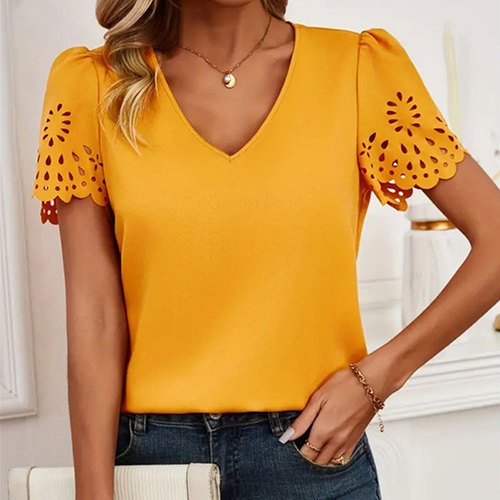 Women's Commute Burnout Lace Short Sleeve Top, V-Neck Pure Color T-Shirt for Spring and Summer