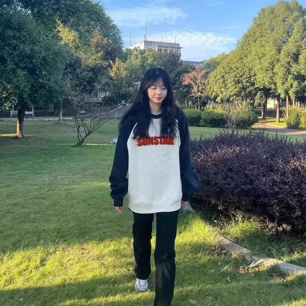 美式加绒插肩袖圆领卫衣女早秋冬季2025新款加厚炸街高级感套装